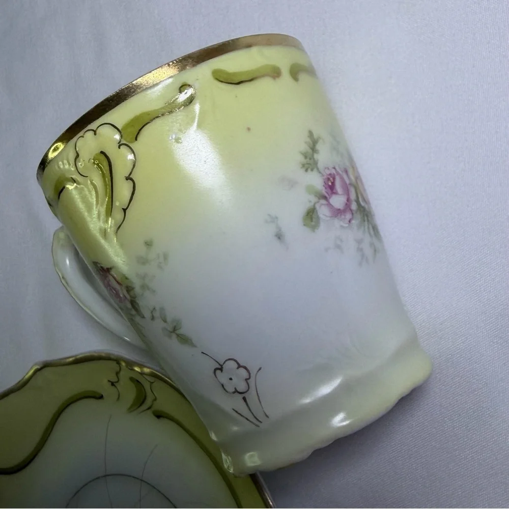 Antique Porcelain Prussia Style Hand-Painted Yellow & Green Rose Teacup & Saucer